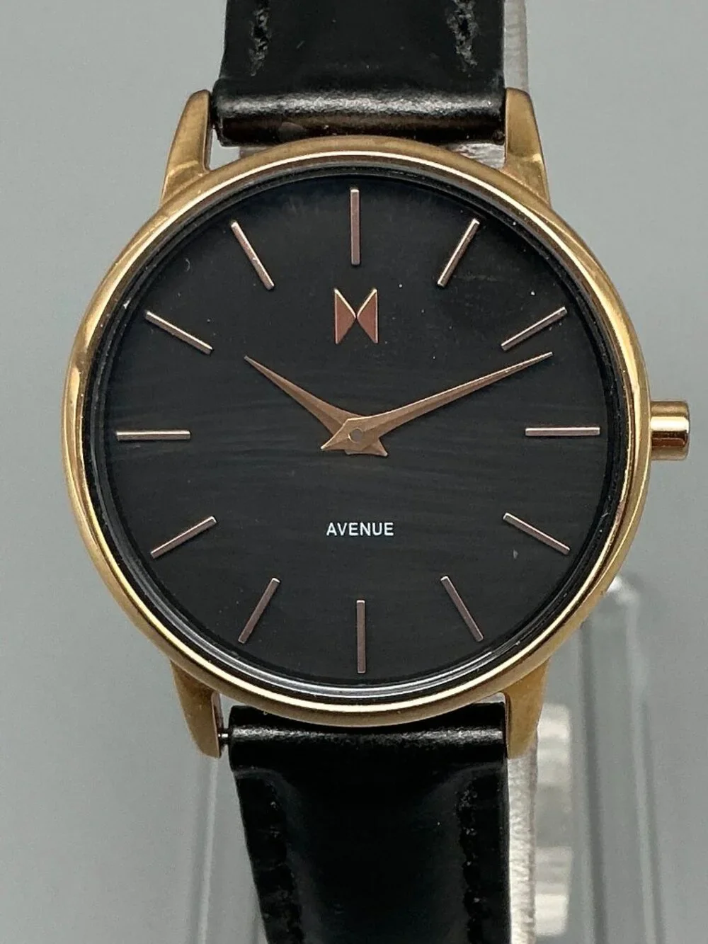 MVMT Madison Avenue Womens Watch 28mm Gold Tone Black Leather Band New Battery